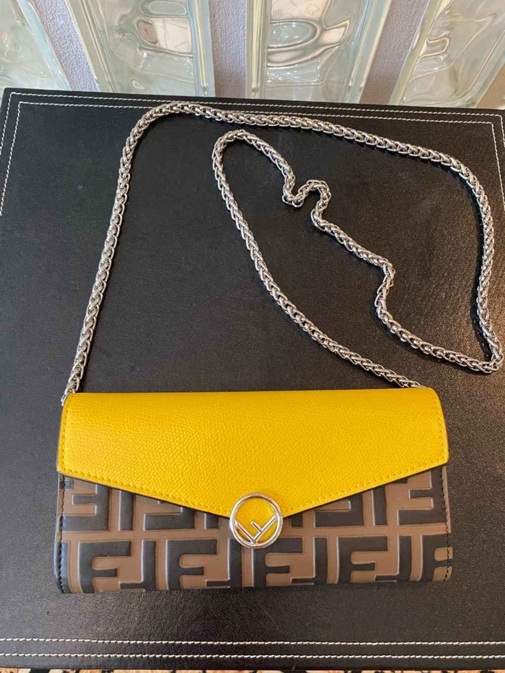 Fendi Yellow/Brown Leather Continental Envelope Wallet & Unbranded Chain, EUC